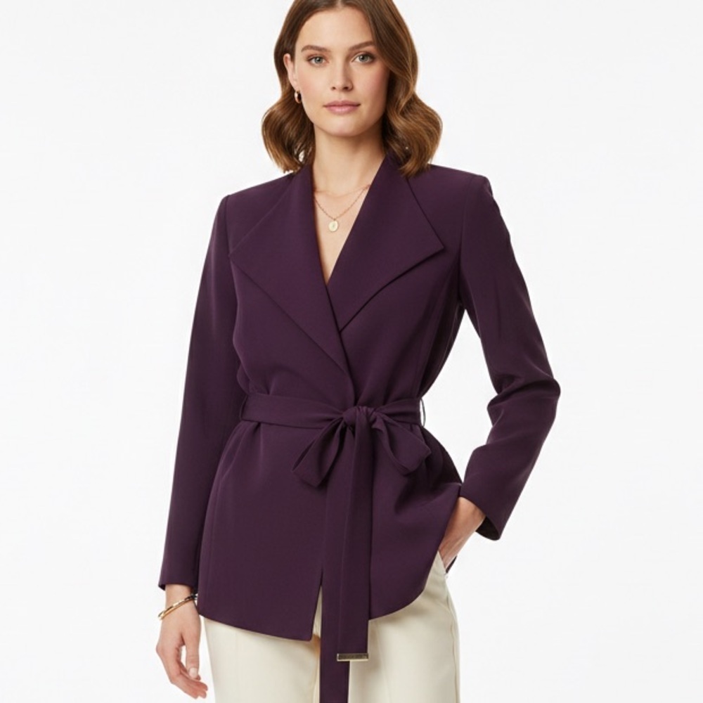 Calvin Klein Classic Purple Belted Blazer Wrap Jacket Size 12 with Gold Hardware